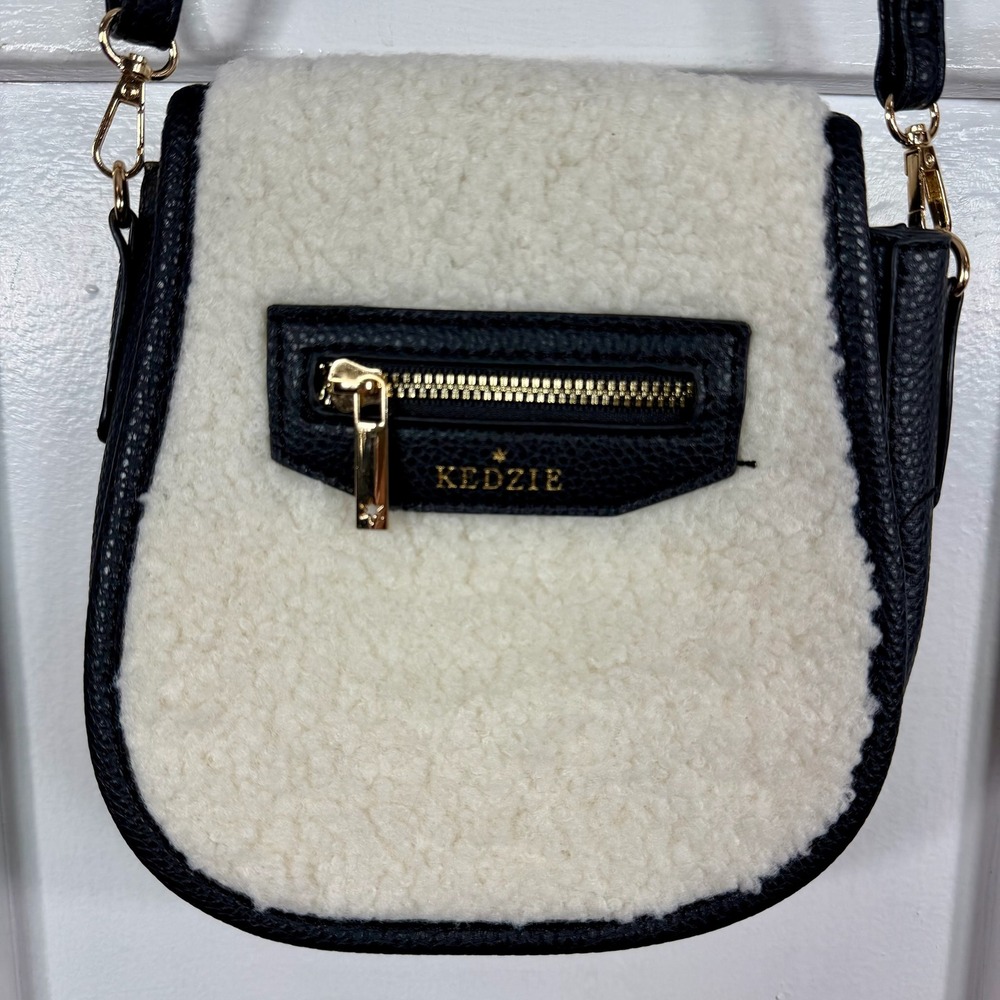 Kedzie Sherpa Trim Crossbody Bag Black Faux Leather Gold Tone Zipper